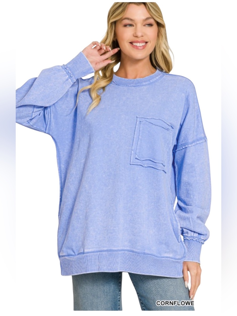 Zenana Cornflower Blue French Terry Cotton Acid Wash Long Sleeve Sweatshirt
